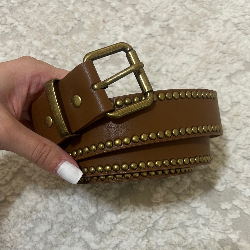 Brown Studded Leather Belt with Brass Buckle